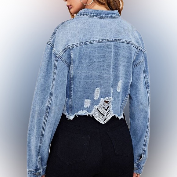 Pearls Beaded denim jacket Raw Hem Crop Jean distressed womens S teen juniors XS - Picture 4 of 7